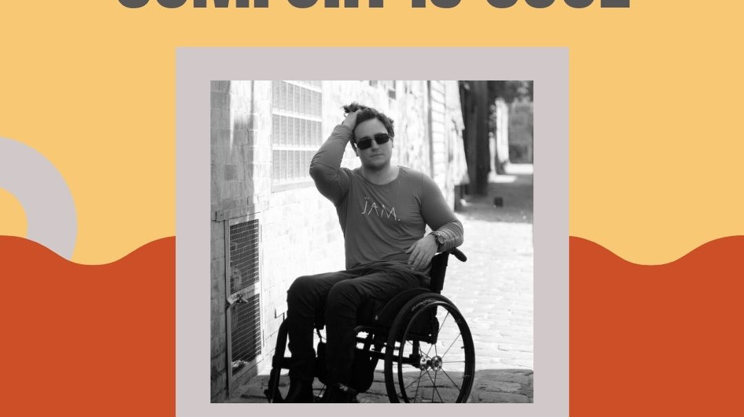 An picture of a man with short hair sitting in his wheelchair surruonded by a coloured background with the words "Comfort is cool" and "Our new blog" on it