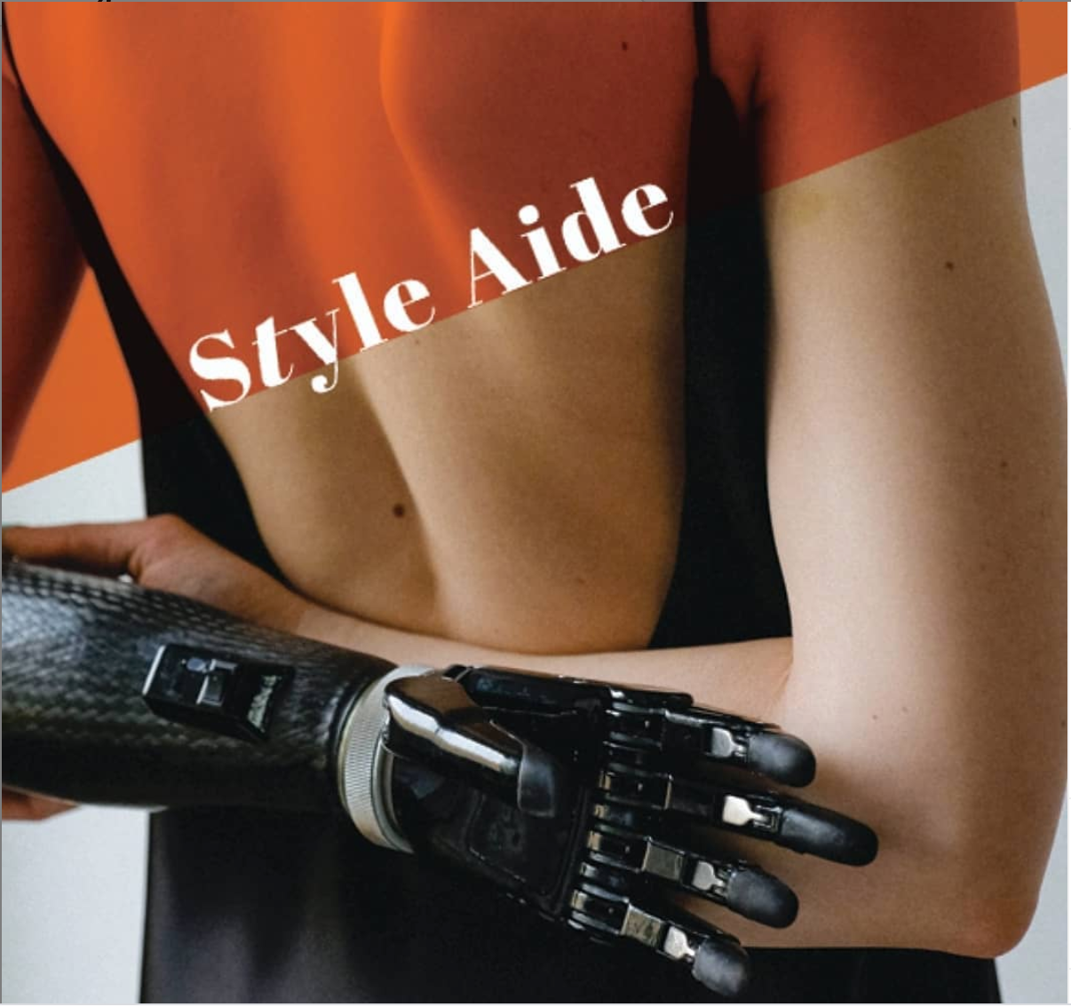A close up image of a woman's back. The woman has a prosthetic arm. Over the top left is a red corner with the words "Style Aide" in white